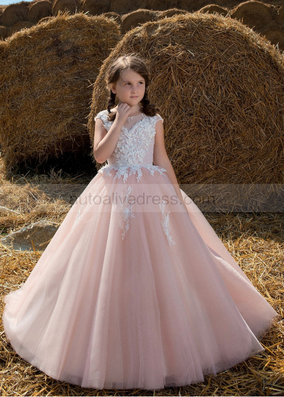 Cap Sleeves Lace Tulle V Back Floor Length Flower Girl Dress